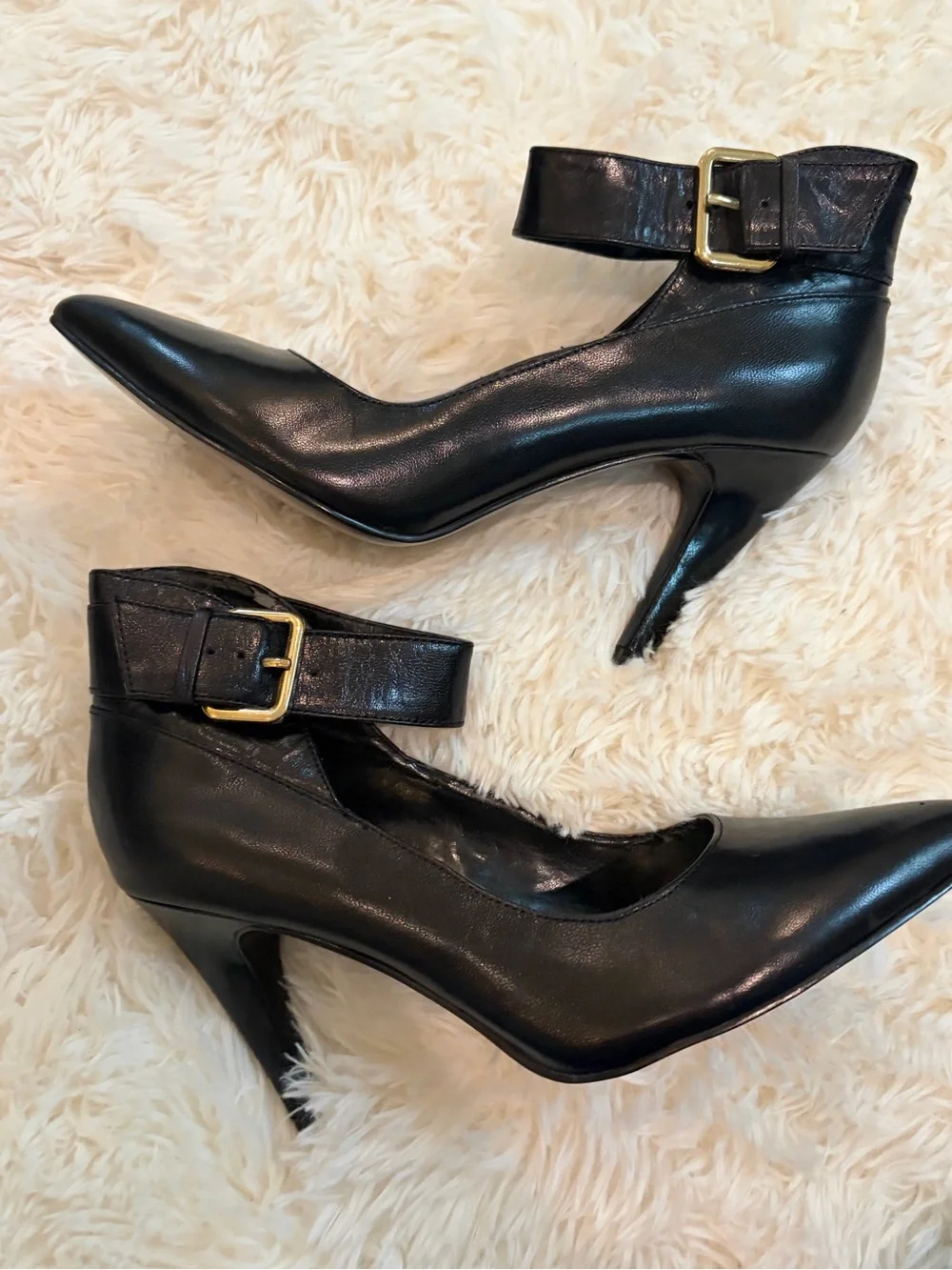 Nine West Black Pointed-Toe Ankle Strap Heels with Gold Buckles